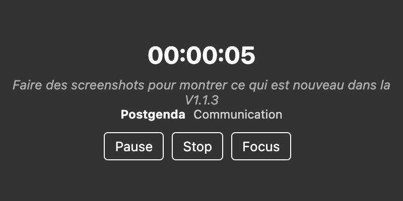 Chrono agrandi de Postgenda avec vue complète des catégories et temps écoulé
