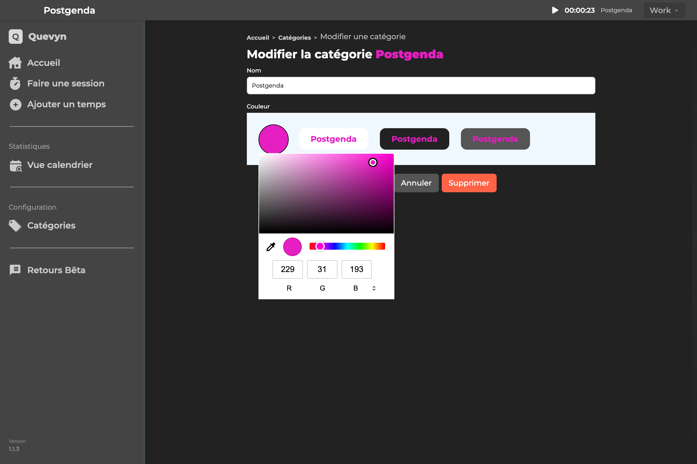 Sélection couleurs catégories Postgenda - Personnalisation couleurs harmonisées