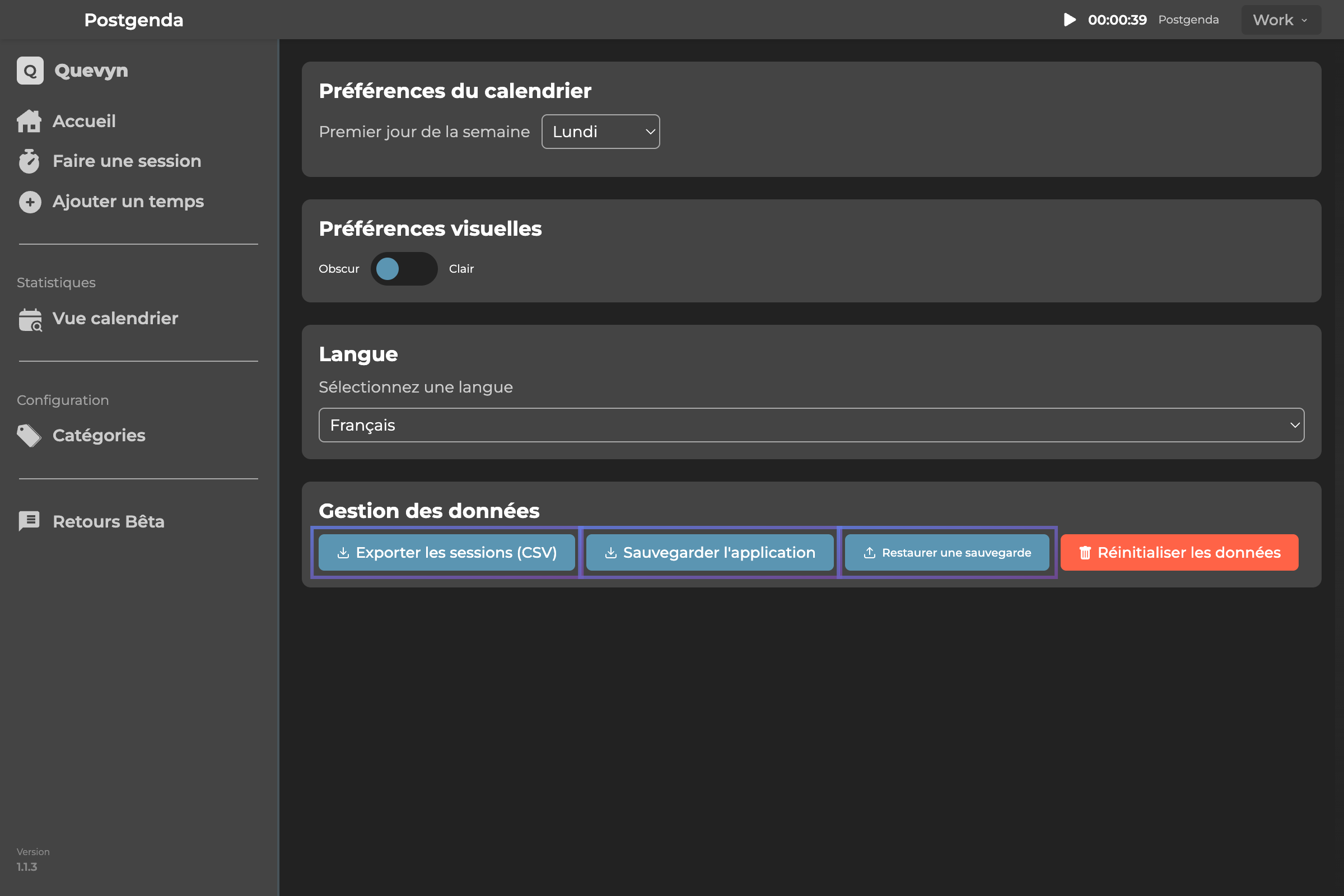 Export données Postgenda - Télécharger sessions en CSV